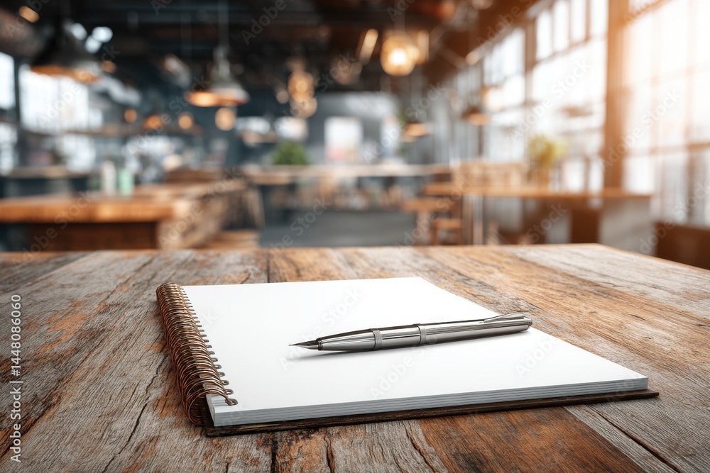 Poster open notebook with pen on rustic wooden table in a cafe with blurred background featuring ambient li