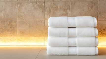 Soft white towels stacked in a luxurious setting, symbolizing comfort and relaxation.