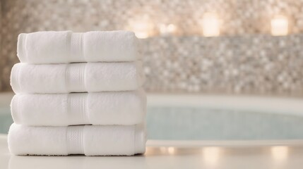 Soft white towels stack in a luxurious setting, symbolizing comfort and relaxation.