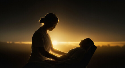 Nurse caring for patient, warm and compassionate, healthcare setting, copy space