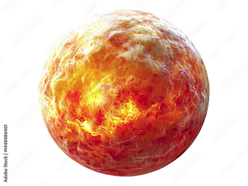 Poster fiery, molten sphere. a mesmerizing digital rendering of a planet in fiery turmoil, ideal for concep