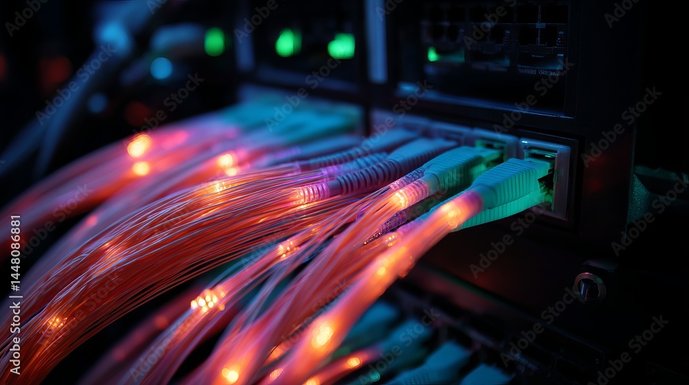 Poster illuminated fiber optic cables network technology digital data transfer high speed internet connecti