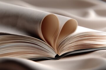 Fototapeta premium An open book with pages shaped into a heart, resting on a soft fabric background, symbolizing love for reading, knowledge, and romantic stories and thoughtful gestures.