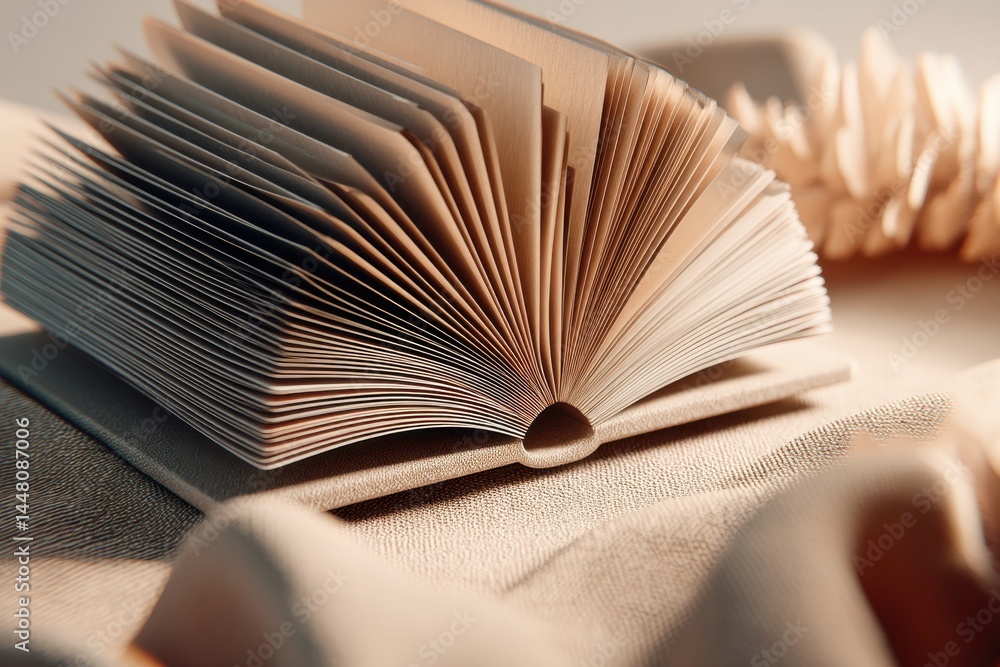 Poster elegant close-up view of an open book with textured pages and cover, capturing light and shadow in a