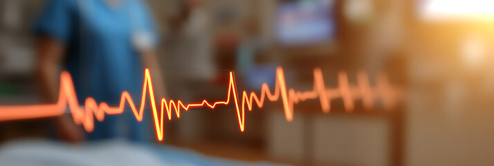 Fototapeta premium Heartbeat line displayed with a health professional out of focus in the background. The line represents a vital sign monitoring.