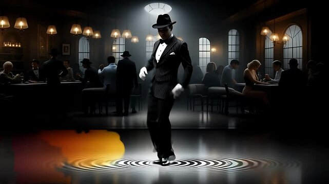 Dapper man tap dances in a spotlight within a vintage, crowded bar