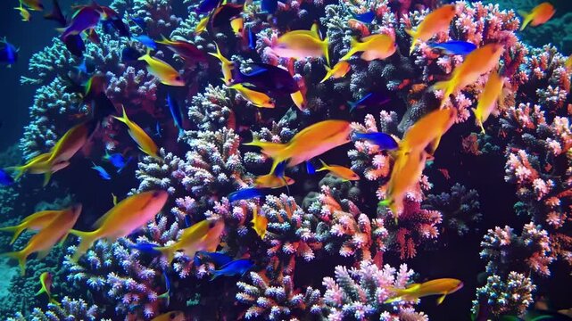 Underwater video scene with vibrant coral reef and colorful fish. Captured from a side angle, showcasing marine biodiversity and vivid colors.