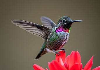 Fototapeta premium Close-up of a Hummingbird Perched on a Red Flower, Wings Spread, Wildlife, Nature Photography.