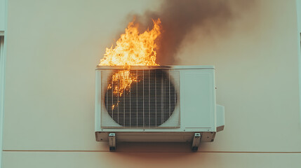 A malfunctioning air conditioner, engulfed in flames and emitting smoke, poses a significant fire risk to the building. Safety hazard.