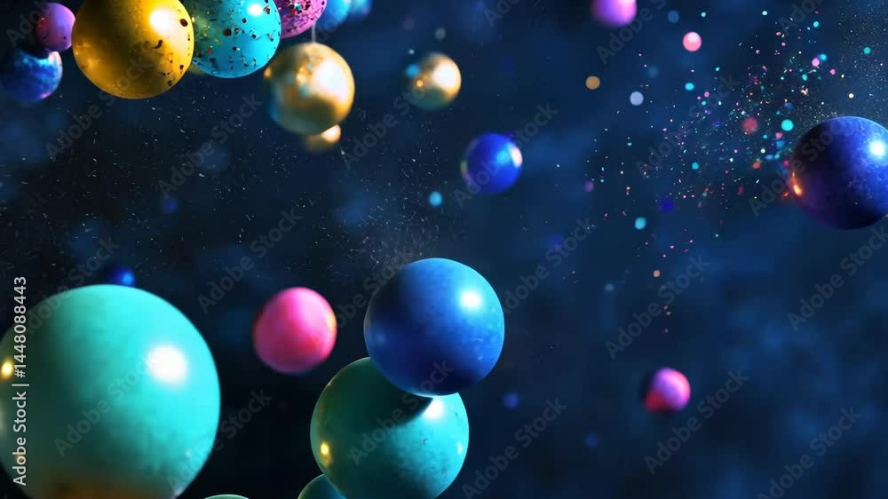 Poster colorful spheres in dynamic motion against dark background with sparkling particles