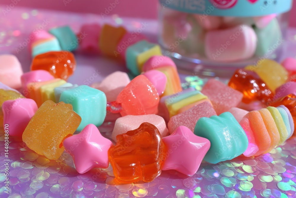 Poster a close-up shot of colorful gummy candies and marshmallows arranged artistically on a shimmering sur