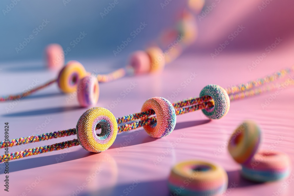 Poster a vibrant and colorful abstract design featuring a string of textured donut shapes, set against a so
