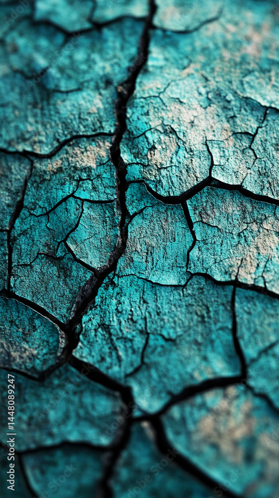 Poster close-up of teal cracked surface texture, showing intricate lines and patterns, suggesting age, dryn