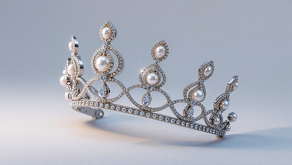 A stunning silver crown adorned with lustrous pearls and intricate detailing exudes timeless sophistication and graceful royal style.