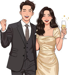Happy Elegant Korean Couple Celebrating Cartoon Illustration