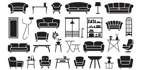 set of black vector various style furniture silhouettes