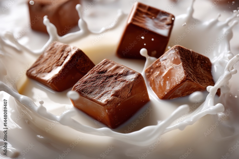 Poster a captivating close-up shot of chocolate cubes dynamically splashing into a pool of fresh, creamy mi
