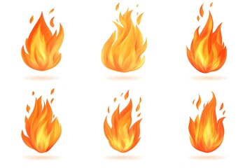 Six vibrant, stylized flame illustrations in orange and yellow, varying in shape and intensity, set against a white background