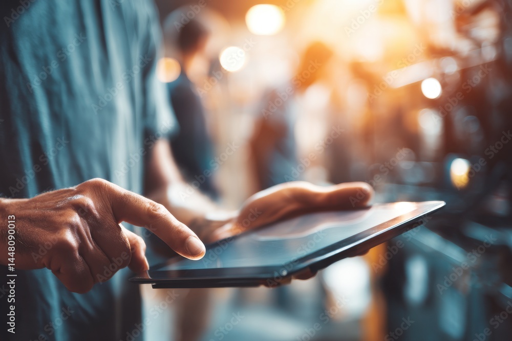 Poster close-up of a man using a digital tablet, in a public space, with a blurred background, creating a d