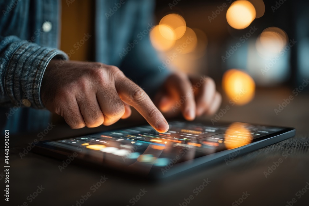 Poster close-up of a man using a digital tablet with interactive charts, graphs, and data analytics display