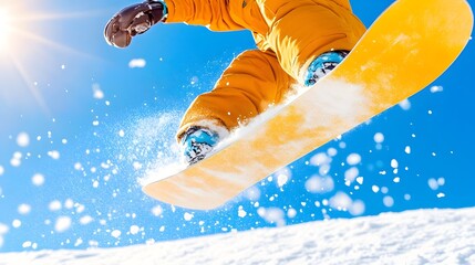 Snowboarder executes an aerial maneuver against a vibrant blue sky, snow spraying from beneath the board
