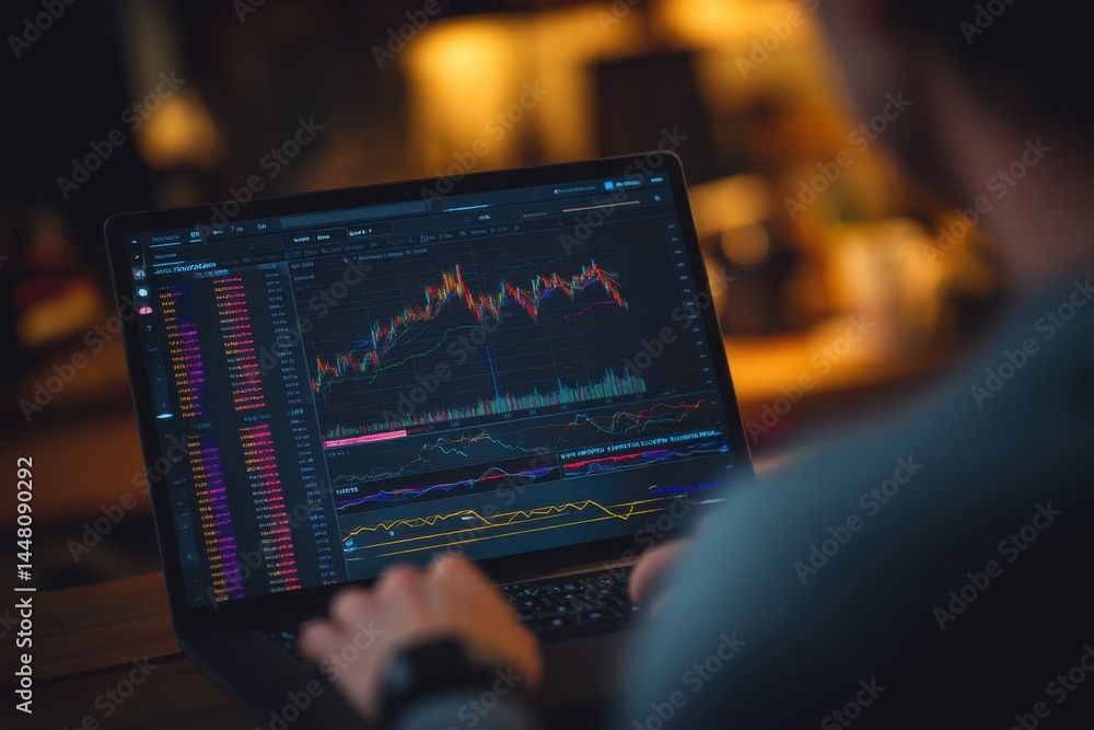 Poster person analyzing stock market data on a laptop screen with charts and graphs, focusing on investment