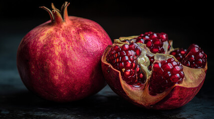 Closeup of a juicy ripe pomegranate fruit with seeds a vibrant red color healthy food photography dark background 