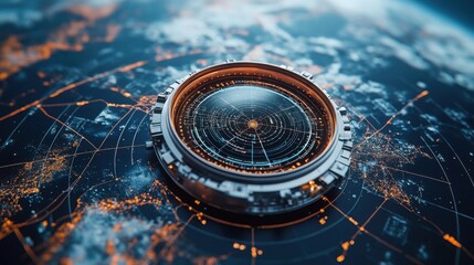 Futuristic Navigation Device on Global Network Map Technology Concept