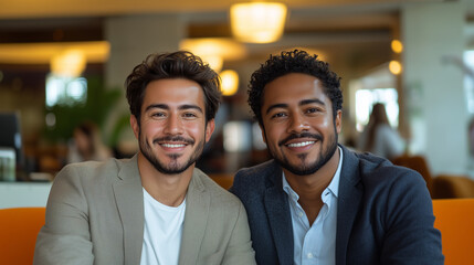 Two business partners smiling together at the bank while sitting confidently in a modern office environment. 
