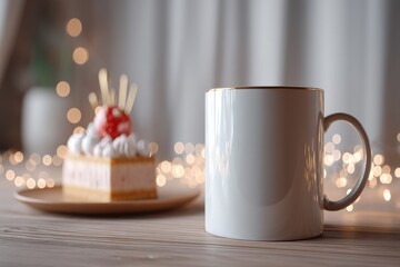 A cozy and warm setting with a white mug and a piece of cake on a wooden table, creating a relaxing atmosphere with bokeh lights in the background.