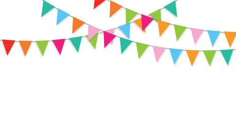Colorful bunting and carnival garland with flags. Festive vector illustration on white background, perfect for birthday greetings and celebrations.