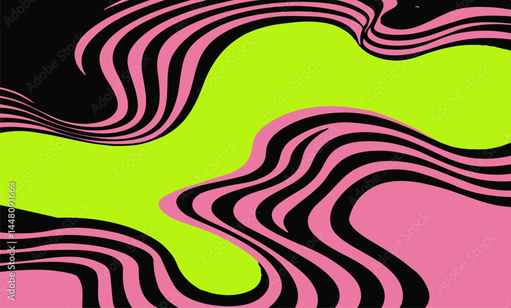 Poster Vector illustration in popular modern Op Art style, featuring dynamic wavy lines and abstract flowing shapes, creating an illusion of depth and movement with high contrast and bold graphic elements.