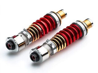 Two red shock absorbers with golden/metallic parts on white background.