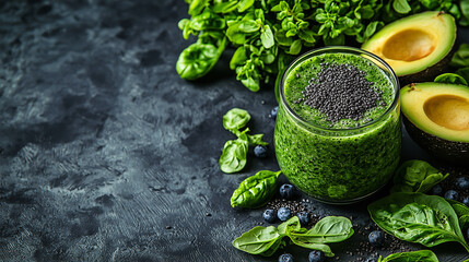 Obraz premium Close-Up Banner of Green Smoothie with Vegetables and Fruits on Dark Background, Space for Text