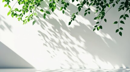 White wall with green leaf shadows and hanging foliage branches.
