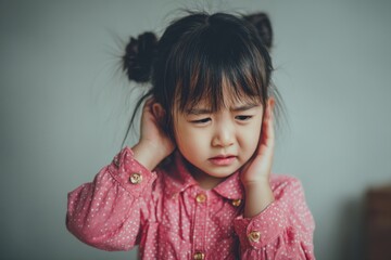 A cute Asian girl with a worried expression covering her ears, feeling stressed and overwhelmed in a challenging situation, wearing a stylish pink polka dot shirt.