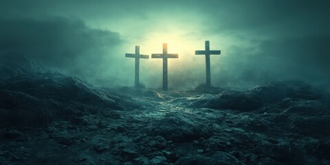 Naklejka premium Crosses illuminated in a misty landscape at dawn, symbolizing reflection and remembrance