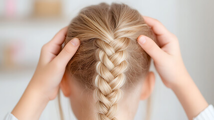 Naklejka premium Close-up shot showcasing a beautifully styled blonde braid hairstyle, captured from the back for a clear view of the intricate design and overall elegance.
