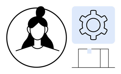 Female avatar in circular frame beside gear icon over digital interface. Ideal for identity, user settings, personalization, profile management, web applications, technology, and simple landing page