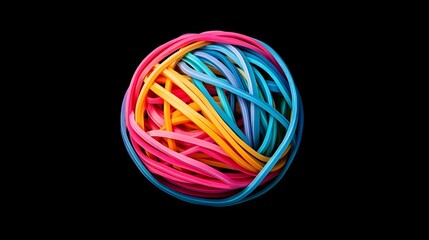 Colorful rubber band ball on a smooth black backdrop