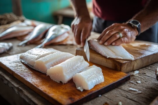 Atlantic cod cleaned and filleted on a wooden surface is being prepared by the chef for market