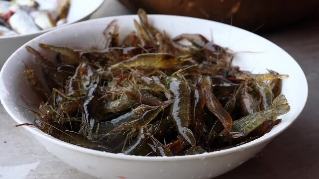 Raw shrimp in white ceramic bowl. Fresh uncooked shrimp close-up. Translucent shrimp in kitchen setting.