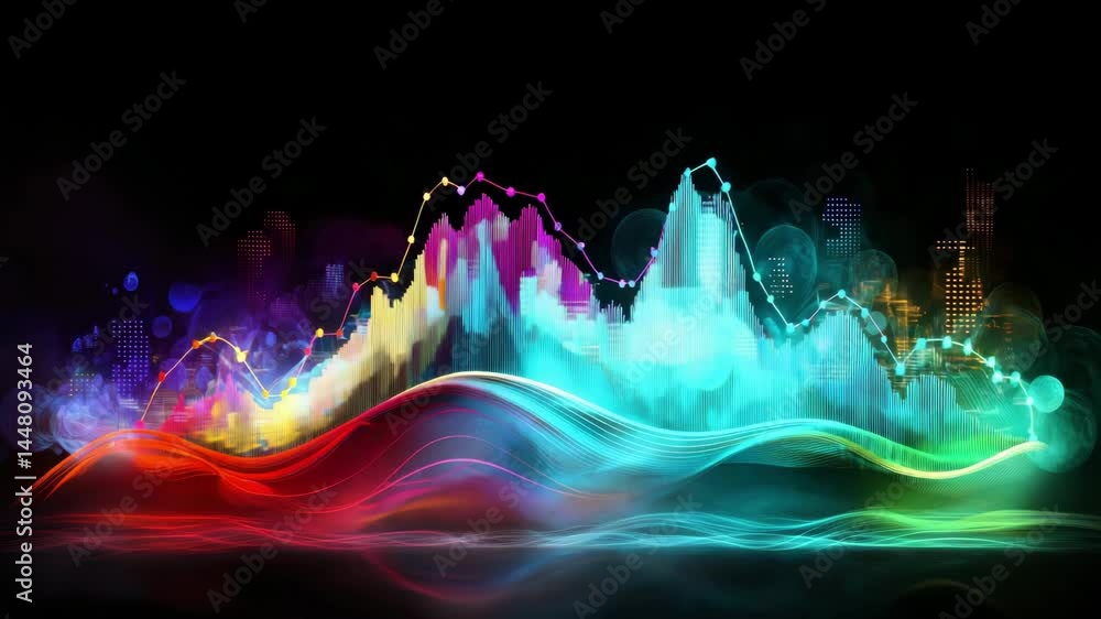 Poster colorful data visualization chart with glowing wave and cityscape graph on black background
