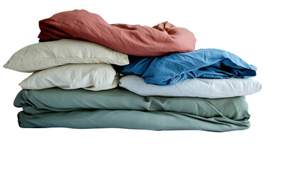 Stack of Soft and Cozy Bedding in Dusty Rose, Sage Green, and Blue Hues