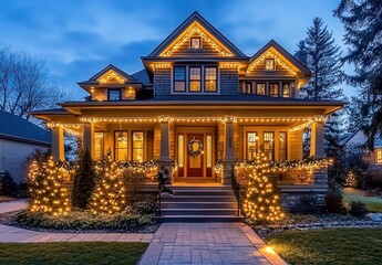 Fototapeta premium Two-story house with Christmas lights, wreaths, and manicured lawn at dusk.