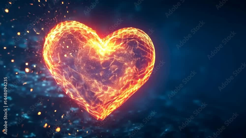 Poster glowing heart in fiery transformation with sparkling particle effects