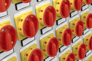 A lot of red and yellow electric switches with white labels on a grey control panel