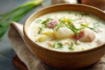 Cullen Skink a Scottish smoked haddock chowder features cream potatoes and onions served in a bowl on a wooden table