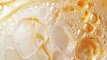 Fototapeta premium Golden liquid with transparent bubbles on soft background.