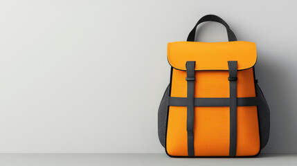 Fototapeta premium Bright orange backpack with gray straps on neutral background